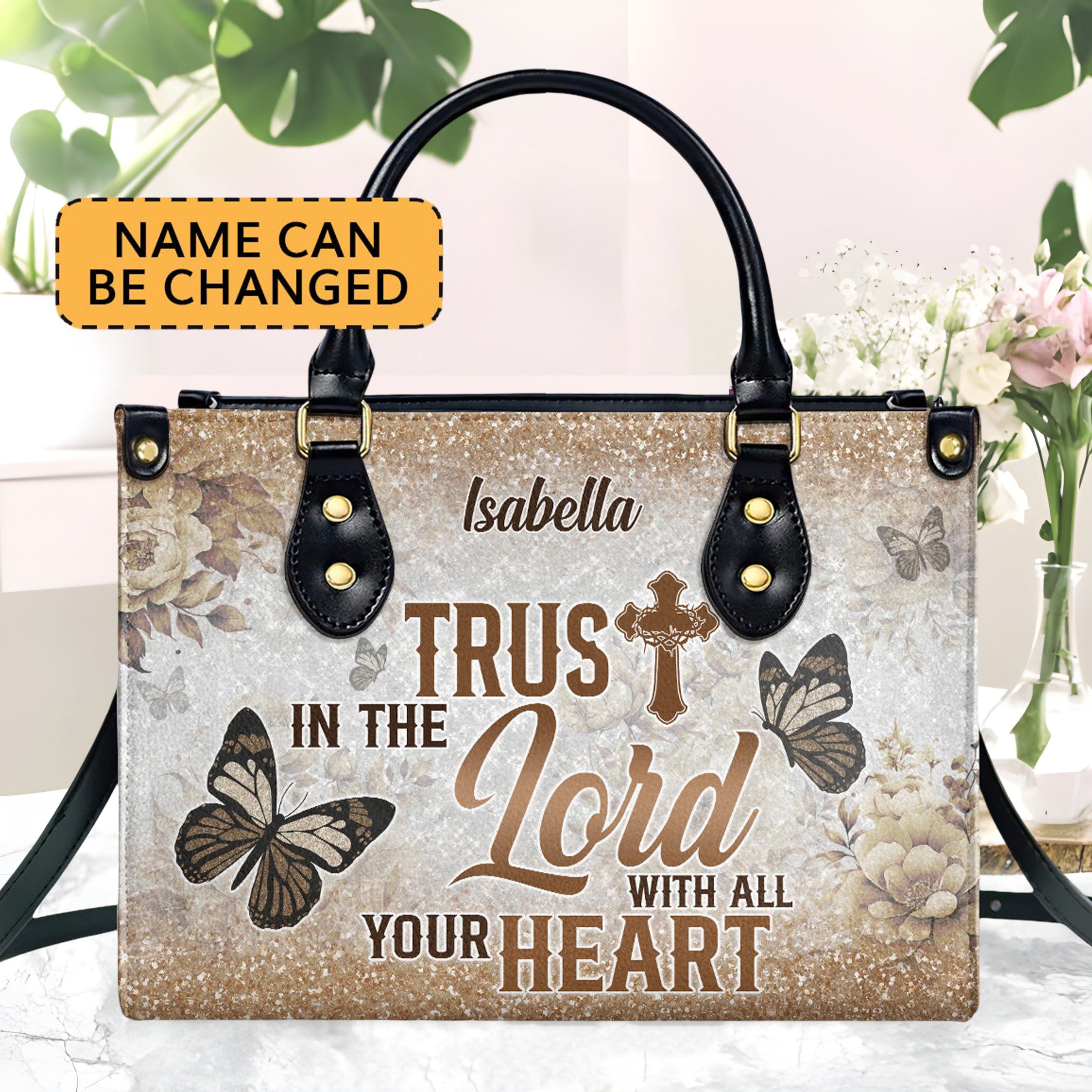 Personalized Christian Leather Handbag, Trust in the Lord with All Your Heart Custom Name Purse, Religious Faith Tote for Women BLAF30
